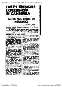 The Canberra Times (ACT : [removed]), Saturday 12 March 1949, page 1  TttEMORS EARTH EXPERIENCED IN CANBERRA