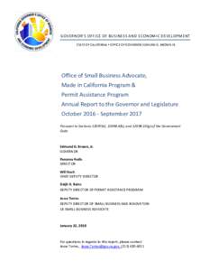 GOVERNOR’S OFFICE OF BUSINESS AND ECONOMIC DEVELOPMENT STATE OF CALIFORNIA  OFFICE OF GOVERNOR EDMUND G. BROWN JR.   Office of Small Business Advocate,