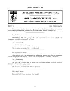 Thursday, September 27, 2007  LEGISLATIVE ASSEMBLY OF MANITOBA __________________________  VOTES AND PROCEEDINGS