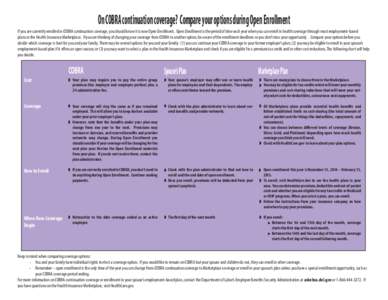 On COBRA continuation coverage? Compare your options during Open Enrollment If you are currently enrolled in COBRA continuation coverage, you should know it is now Open Enrollment. Open Enrollment is the period of time e