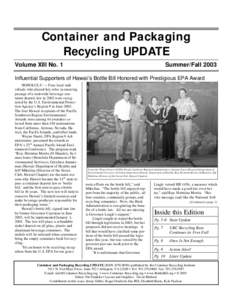 Container and Packaging Recycling UPDATE Volume XIII No. 1 Summer/Fall 2003