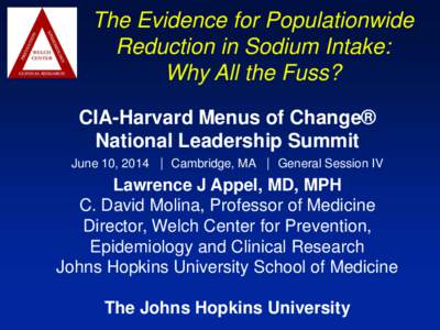The Evidence for Populationwide Reduction in Sodium Intake: Why All the Fuss? CIA-Harvard Menus of Change® National Leadership Summit June 10, 2014  Cambridge, MA  General Session IV