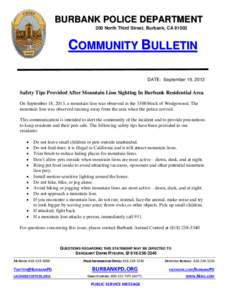BURBANK POLICE DEPARTMENT 200 North Third Street, Burbank, CA[removed]COMMUNITY BULLETIN DATE: September 19, 2013