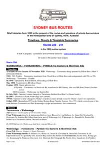 SYDNEY BUS ROUTES Brief histories from 1925 to the present of the routes and operators of private bus services in the metropolitan area of Sydney, NSW, Australia Timelines, Streets & Timetable Summaries Routes 226 – 24