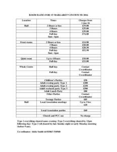 ROOM RATES FOR ST MARGARET’S INSTITUTE 2016 Location Hall Times 2 Hours or less