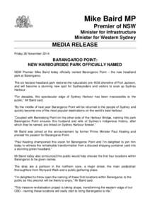 Mike Baird MP Premier of NSW Minister for Infrastructure Minister for Western Sydney  MEDIA RELEASE