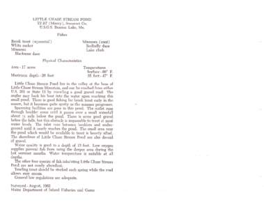 LITTLE CHASE STREAM POND T2 R7 (Misety), Somerset Co. D.S.C.S. Brassua Lake, Me. Fishes Brook trout (squaretail) White sucker