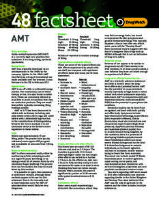 48 factsheet AMT Drug overview: Alpha-methyltryptamine (MT/AMT) is a currently legal new psychoactive substance. It is a long acting, synthetic