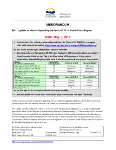 MEMORANDUM Re: Update to Manure Spreading Advisory #2 2014: South Coast Region  Date: May 1, 2014