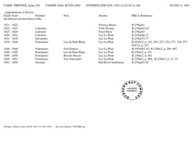 NAME: ISBISTER, James (D[removed]PARISH: Firth, SCOTLAND[removed]ENTERED SERVICE: 1821 (A