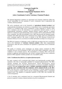 Comments Sought On Proposed Minimum Compositional Standards (MCS) For Active Constituents Used in Veterinary Chemical Products - APVMA Gazette 4, 2 April 2002