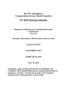 RCATS –Montgomery Transportation Advisory Board Committee FY 2018 Meeting Schedule  Regional Coordinated Area Transportation System