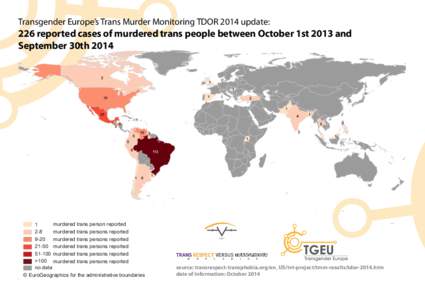 Transgender Europe’s Trans Murder Monitoring TDOR 2014 update:  226 reported cases of murdered trans people between October 1st 2013 and September 30thmurdered trans person reported