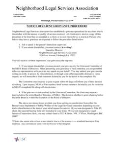 Neighborhood Legal Services Association Central Office 928 Penn Avenue Fax