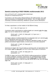 Samlet evaluering af NGO FORUMs medlemsmøde 2012 Der var 38 ud af i alt 71, der besvarede evalueringen. Det giver en svarprocent på 54 %. Overordnet er der flest positive tilbagemeldinger på medlemsmødet, men også g