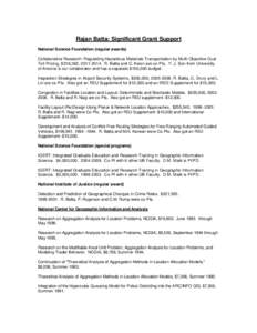 Rajan Batta: Significant Grant Support National Science Foundation (regular awards) Collaborative Research: Regulating Hazardous Materials Transportation by Multi-Objective Dual Toll Pricing, $318,362, R. Batt