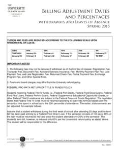 Billing Adjustment Dates and Percentages withdrawals and Leaves of Absence Spring[removed]TUITION AND FEES ARE REDUCED ACCORDING TO THE FOLLOWING SCALE UPON