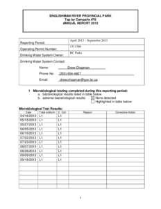 ENGLISHMAN RIVER PROVINCIAL PARK Tap by Campsite #78 ANNUAL REPORT 2013 April 2013 – September 2013