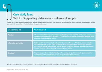 4 Case study four: Tool 4 - Supporting older carers, spheres of support This tool sets out ways of supporting older carers identified in pilots around the country. You can use it to consider how your service accesses or 