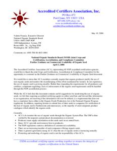 Accredited Certifiers Association, Inc. PO Box 472 Port Crane, NY[removed]USA[removed]phone / fax www.accreditedcertifiers.org [removed]