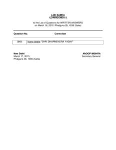 LOK SABHA CORRIGENDA-2 to the List of Questions for WRITTEN ANSWERS on March 19, 2015 /Phalguna 28, 1936 (Saka)  Question No.