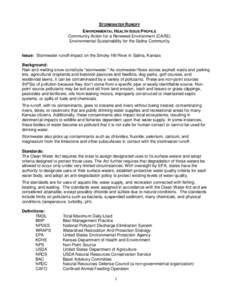 STORMWATER RUNOFF ENVIRONMENTAL HEALTH ISSUE PROFILE Community Action for a Renewed Environment (CARE) Environmental Sustainability for the Salina Community Issue: Stormwater runoff impact on the Smoky Hill River in Sali