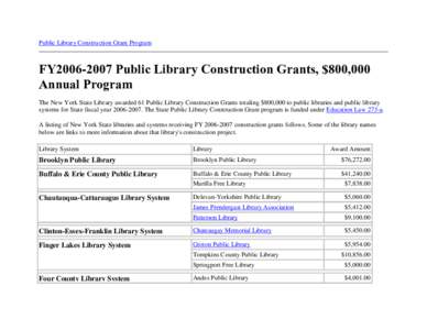 Public Library Construction Grant Program  FY2006-2007 Public Library Construction Grants, $800,000 Annual Program The New York State Library awarded 61 Public Library Construction Grants totaling $800,000 to public libr