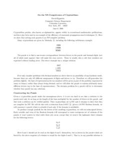 On the NP-Completeness of Cryptarithms David Eppstein Computer Science Department Columbia University New York, NYJune 8, 2000