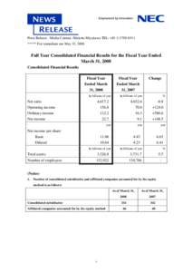 Press Release - Media Contact: /Makoto Miyakawa TEL: +[removed] ***** For immediate use May 15, 2008 Full Year Consolidated Financial Results for the Fiscal Year Ended March 31, 2008 Consolidated Financial Results