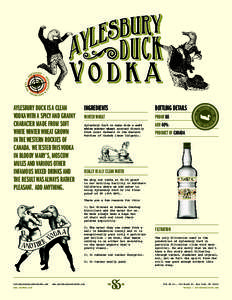AYLESBURY DUCK IS A CLEAN VODKA WITH A SPICY AND GRAINY CHARACTER MADE FROM SOFT WHITE WINTER WHEAT GROWN IN THE WESTERN ROCKIES OF CANADA. WE TESTED THIS VODKA