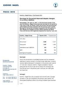 Kuehne + Nagel Group – First QuarterEarnings for the period improved despite changes in currency relations Schindellegi / CH, April 14, 2015 – In the first three months of the year the Kuehne + Nagel Group imp