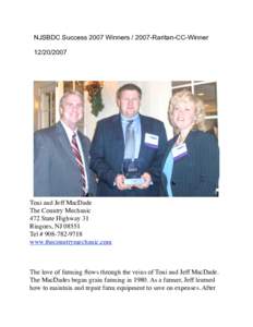 NJSBDC Success 2007 Winners[removed]Raritan-CC-Winner[removed]Toni and Jeff MacDade The Country Mechanic 472 State Highway 31