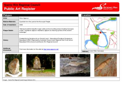 Scenic Rim Regional Council  Public Art Register Platypus  Location
