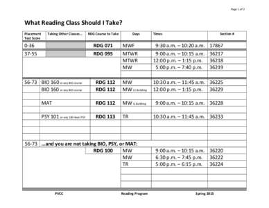 Page 1 of 2  What Reading Class Should I Take? Placement Test Score