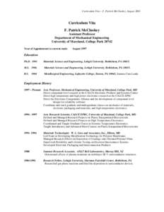 Curriculum Vita – F. Patrick McCluskey, AugustCurriculum Vita F. Patrick McCluskey Assistant Professor Department of Mechanical Engineering