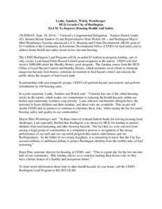 Leahy, Sanders, Welch, Weinberger: HUD Awards City of Burlington $3.4 M. To Improve Housing Health And Safety (TUESDAY, Sept. 30, [removed]Vermont’s Congressional Delegation – Senator Patrick Leahy (D), Senator Berni