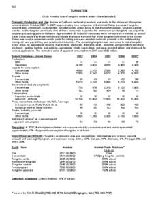 182  TUNGSTEN (Data in metric tons of tungsten content unless otherwise noted) Domestic Production and Use: A mine in California restarted operations and made its first shipment of tungsten concentrates in October 2007. 