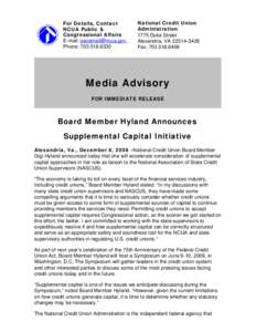 Media Advisory - Board Member Hyland Announces Supplemental Capital Initiative