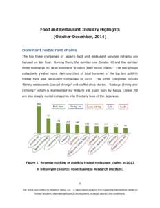 Food and Restaurant Industry Highlights (October-December, 2014) Dominant restaurant chains The top three companies of Japan’s food and restaurant services industry are focused on fast food. Among them, the number one 