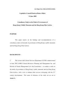 LC Paper No. CB[removed]) Legislative Council Panel on Home Affairs 13 June 2003 Consultancy Study on the Mode of Governance of Hong Kong’s Public Museums and the Hong Kong Film Archive