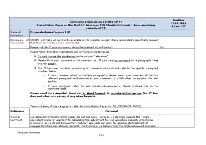 Deadline[removed]p.m. CET Comments Template on CEIOPS-CP 54 Consultation Paper on the Draft L2 Advice on SCR Standard Formula – Loss absorbing