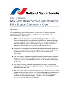 Letter to Congress:  NSS Urges House/Senate Conference to Fully Support Commercial Crew June 18, 2014