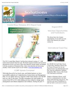 Maryland Coastal Bays Program Newsletter[removed], 1:20 PM Coastal Bays Releases 2013 Report Card August 2014
