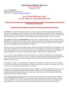 Department of Historic Resources For Immediate Release September 27, 2012 Contact: Randy Jones Department of Historic Resources[removed] / [removed]