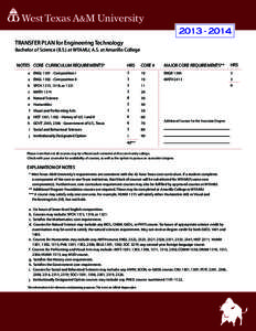 TRANSFER PLAN for Engineering Technology Bachelor of Science (B.S.) at WTAMU; A.S. at Amarillo College HRS CORE #