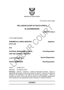 REPUBLIC OF SOUTH AFRICA  Of interest to other judges THE LABOUR COURT OF SOUTH AFRICA, IN JOHANNESBURG