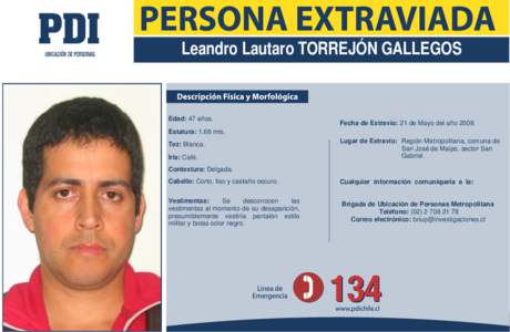 Leandro Lautaro TORREJÓN GALLEGOS  Edad: 47 años. Fecha de Extravío: 21 de Mayo del año 2009.