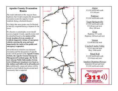 Apache County Evacuation Routes Alpine US 191 north and south US 180 east