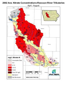 2002 Ave. Nitrate Concentrations-Raccoon River Tributaries April - August Clay  Palo Alto