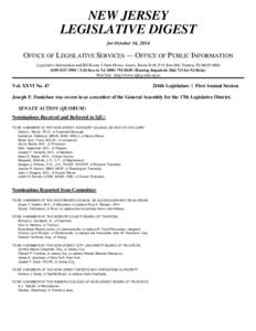 NEW JERSEY LEGISLATIVE DIGEST for October 16, 2014 OFFICE OF LEGISLATIVE SERVICES — OFFICE OF PUBLIC INFORMATION Legislative Information and Bill Room $ State House Annex, Room B-01, P.O. Box 068, Trenton, NJ[removed]